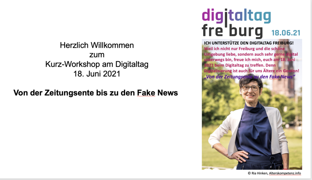 Screenshot Digitaltag Freiburg "von der Zeitungsente zu den Fake News" mir Ria Hinken