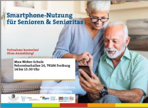 Das Bild zeigt einen Senior und eine Seniorin, die sich mit ihrem Smartphone beschäftigen.