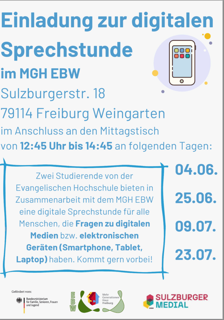 Einladungen zu den Smartphone-Sprechstunden im EBW Freiburg.