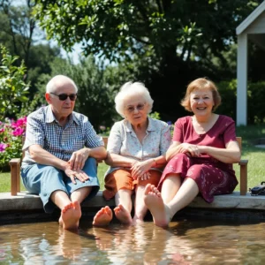 Das Foto zeigt einen Mann und 2 Frauen, die ihre Füße in kaltes Wasser tauchen, um sich abzukühlen.