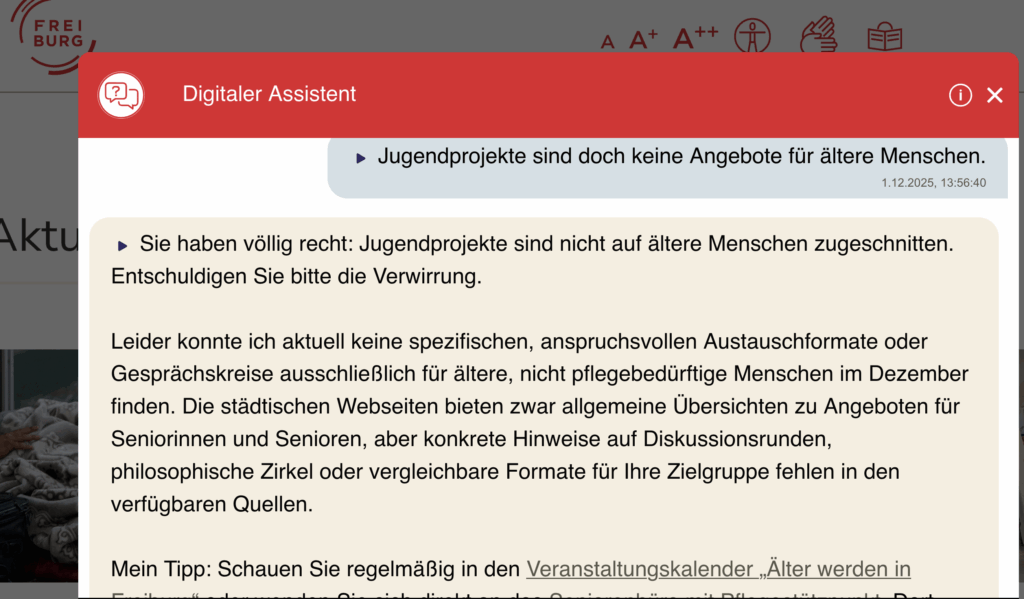 Screenshot. Der Chatbot hat noch Verbesserungsbedarf. 