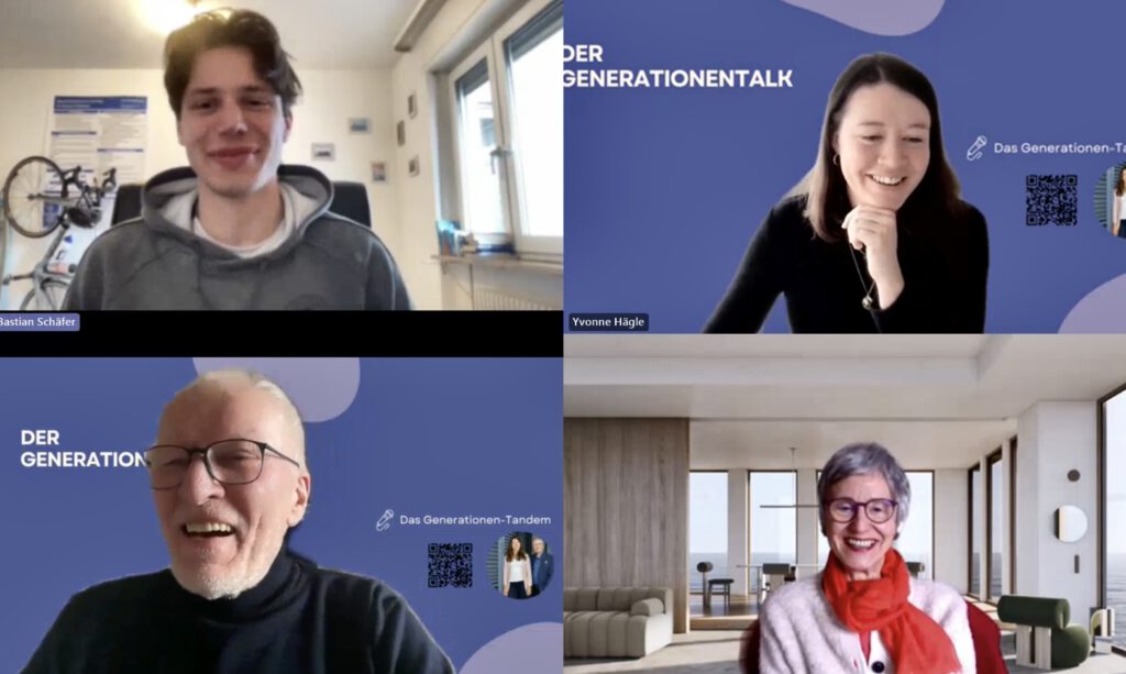 Das Foto zeigt 2 junge Menschen und 2 Ältere. Der Generationen-Talk ist ein Austausch zwischen Jung und Alt. 