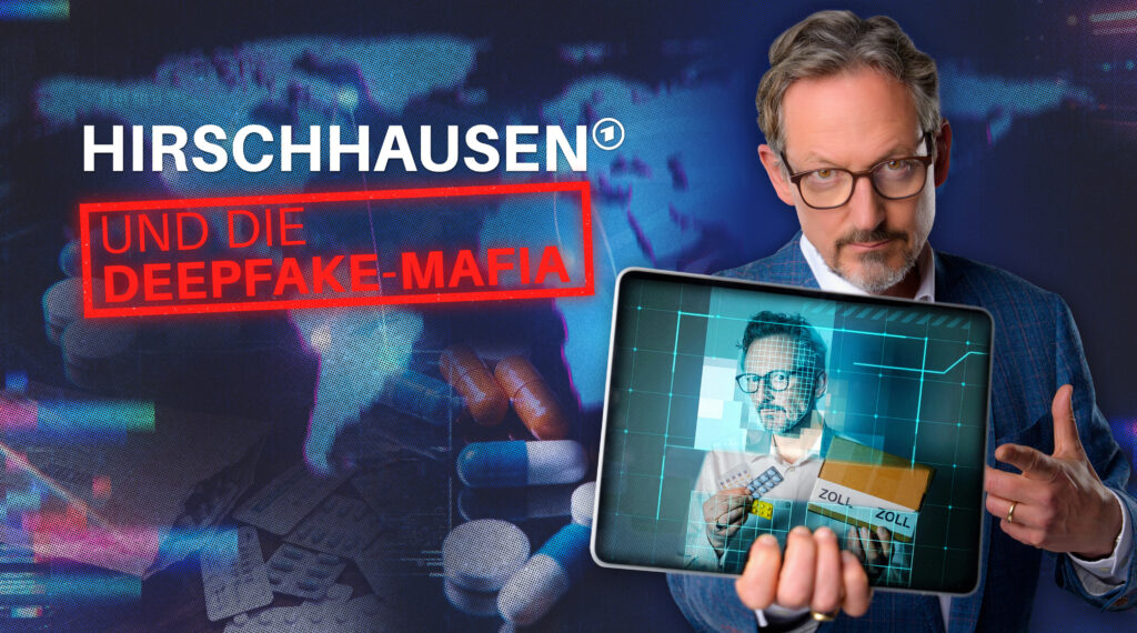 Das Bild zeigt Hirschhausen mit einem Tablet und dem darauf abgebildeten Deep Fake.
© WDR/Bilderfest/Annika Graeff